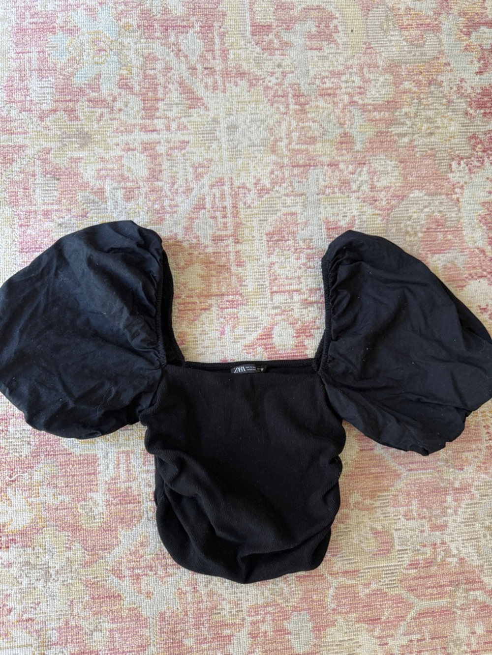 Zara Black Puff-Sleeve Square Neck Crop Top